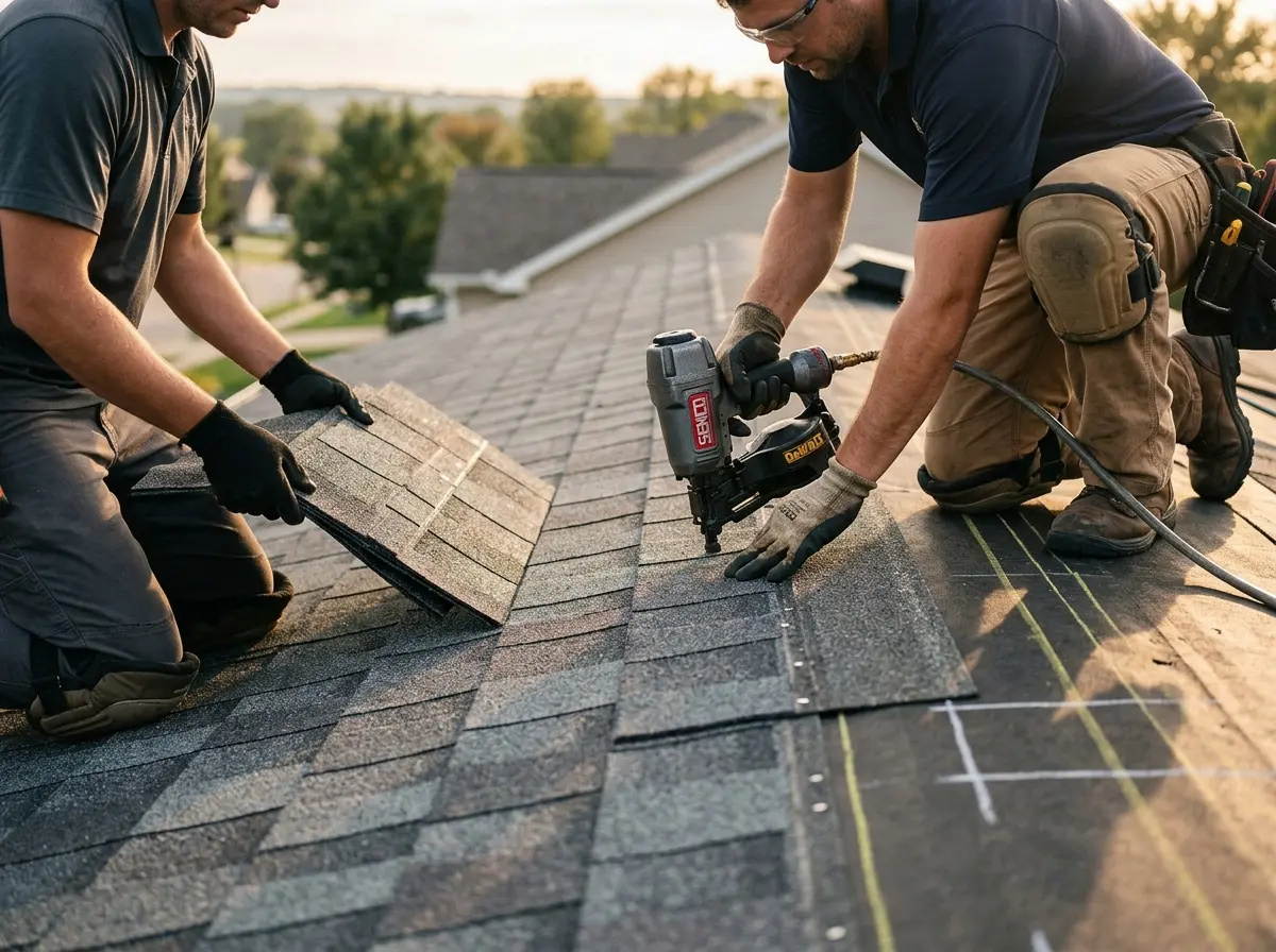 Professional roofer working on a residential roof in South Lebanon